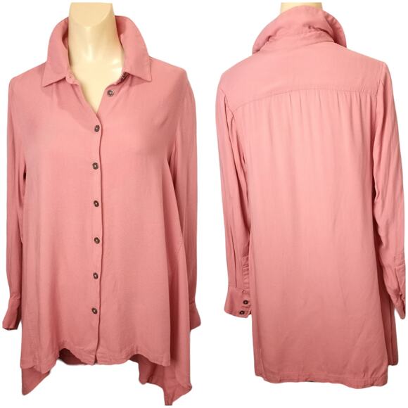 LOGO by Lori Goldstein Dusty Peach Tunic Length Button Front Blouse 2 Officewear - Picture 1 of 7